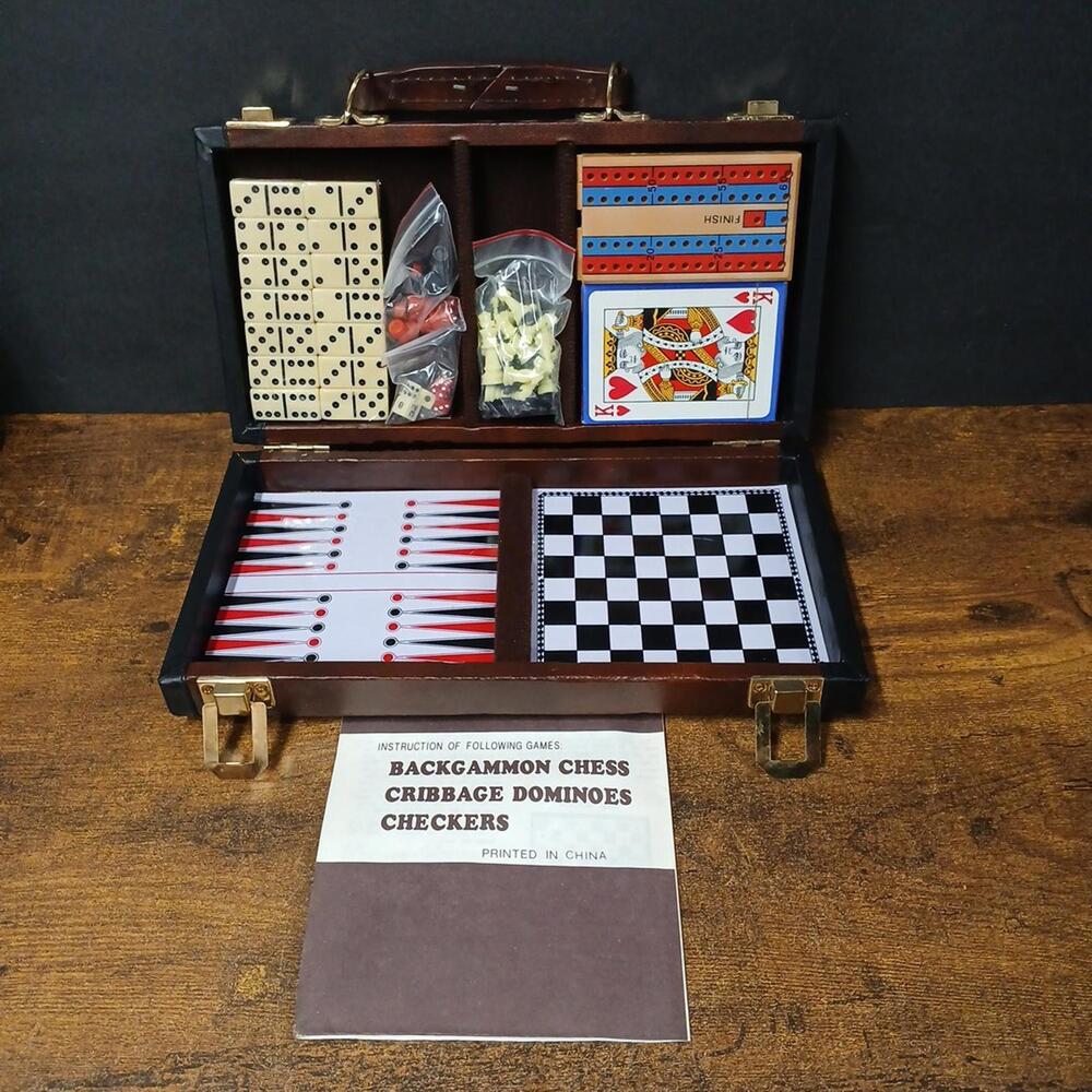 Fat Cat 6 in 1 Travel Game Set with Chess, Cribbage, Checkers, Leatherette Case